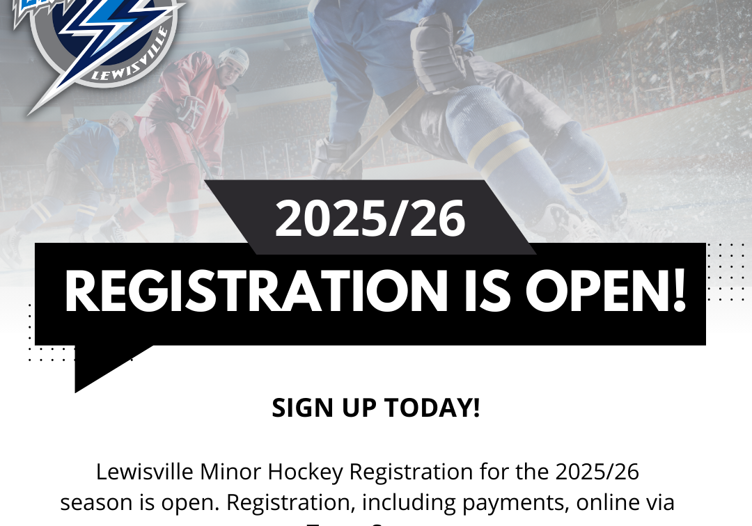 Registration open for 25/26 with image of ice hockey player and LMHA logo